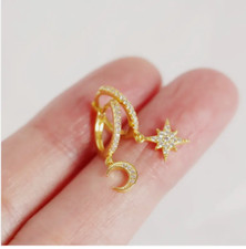 Dangle Moon Star CZ Drop Hook Huggie Gold Earrings 925 Sterling Silver 12mm PE60