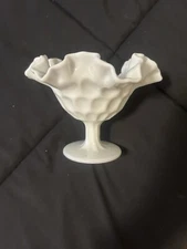 Vintage Fenton Milk Glass Thumbprint Ruffled Edge Pedestal Compote Dish White 5"