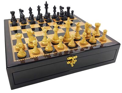 Black 3 3/4'' Anderssen Staunton Wood Chess Set Dark Walnut Color Storage Board