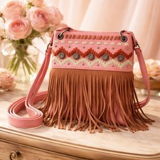 American bling Western crossbody purse faux leather ,fringed Purse Peachy Pink