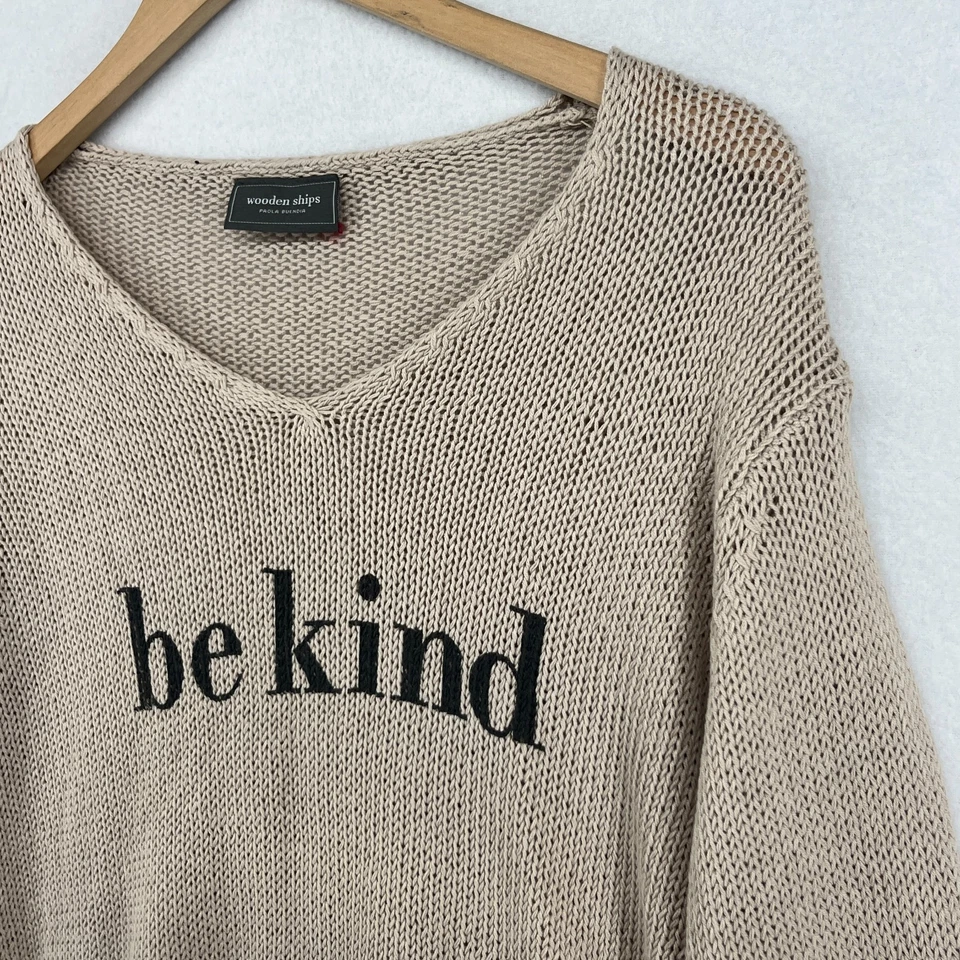 WOODEN SHIPS Sweater Womens M/L BE KIND Paola Beundia Open Knit Pullover Beige - Image 4 of 4