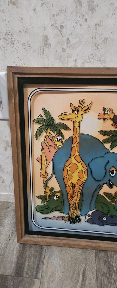 Винтаж 1980 в рамке джунгли животных обратная живопись настенный декор 17 «x 13» детской комнаты - Изображение 3 из 4
