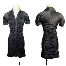 Forever 21 Y2K Black Ruched Mini Dress Womens Bodycon Collared Short Sleeve Club