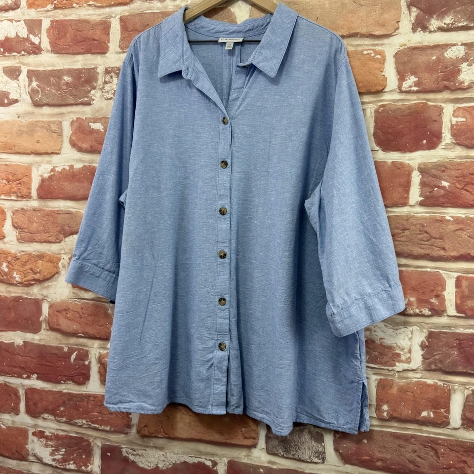 Camisa Catherines Mujer 3X Azul Lino Algodón Botón Frontal Manga 3/4 Blusa Foto 3 de 4