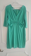 David Meister Green Wrap Dress Size 12 Ruched Waist 3/4 Sleeve Midi