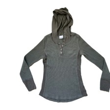 Columbia Hooded Thermal Waffle Knit Top Womens S Olive Green Henley Hoodie EUC