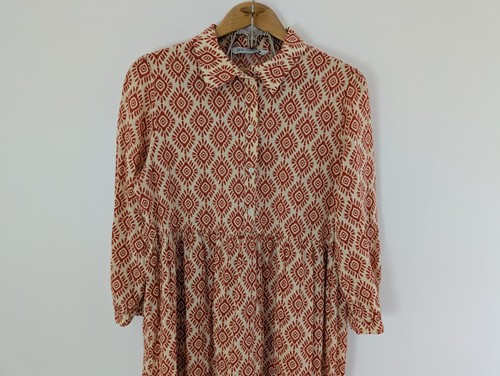 Zara Dress Womens XL Red Beige Printed Geometric Midi ¾ Sleeves Cotton Reddish - Picture 2 of 9