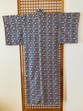Japanese Komon Kimono Blue Kikk  Pattern Floral Butterfly Vintage Unworn Silk