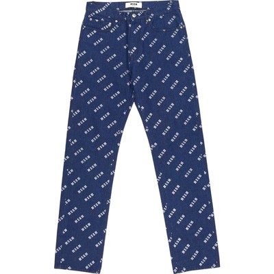MSGM Logo Print Straight Leg Jeans Navy Blue Cotton Size 32''