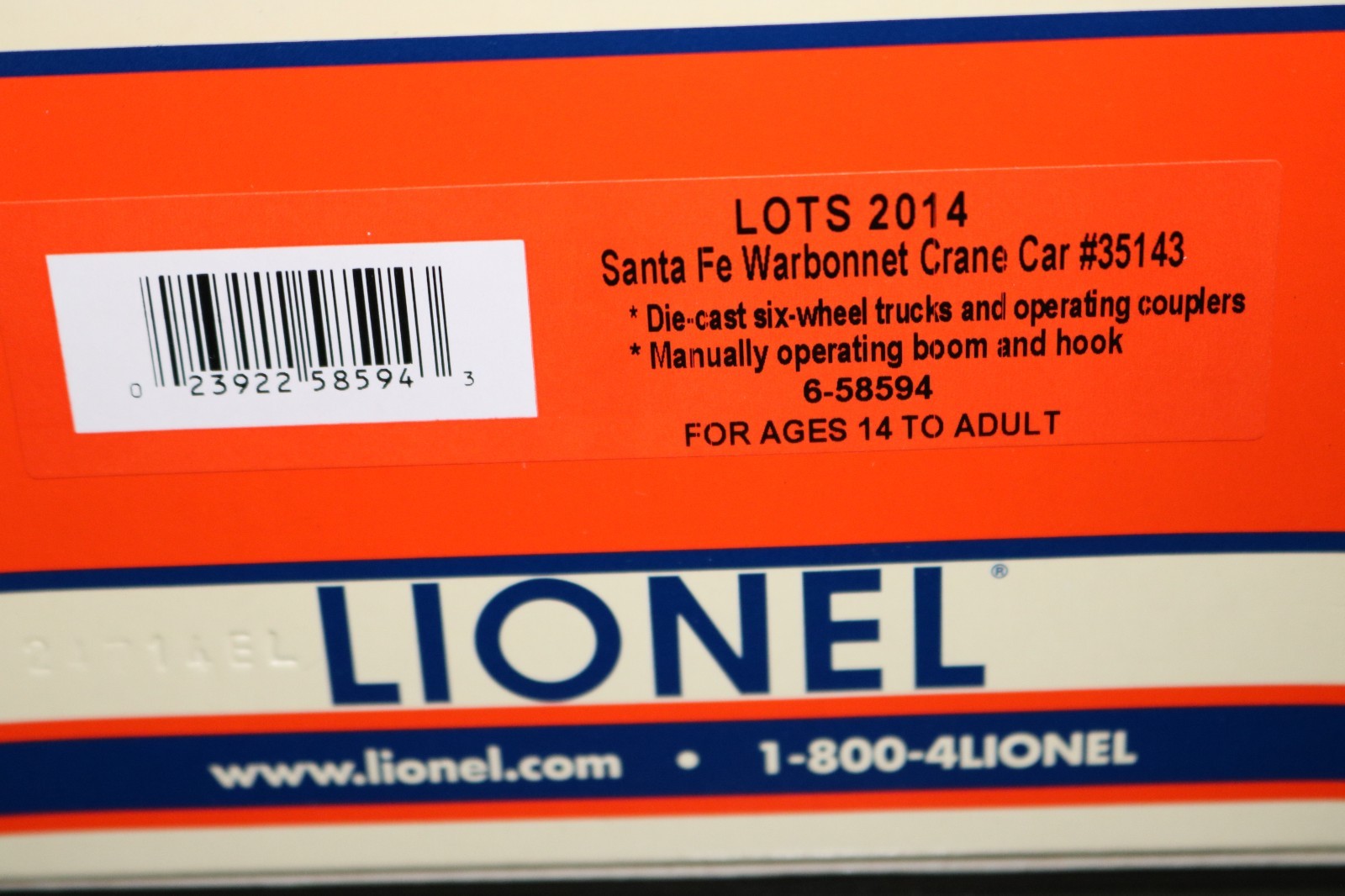 Lionel 6-58594 O Gauge LOTS 2014 Santa Fe Warbonnet Crane Car #35143 NIB