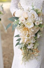 Ansofi Cascading Bouquets for Bride Beige Rose Artificial Bridal Bouquet for ...