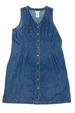 Vintage Denim Dress Sz M Button Front Pockets 100 Cotton Sleeveless Basic Editi