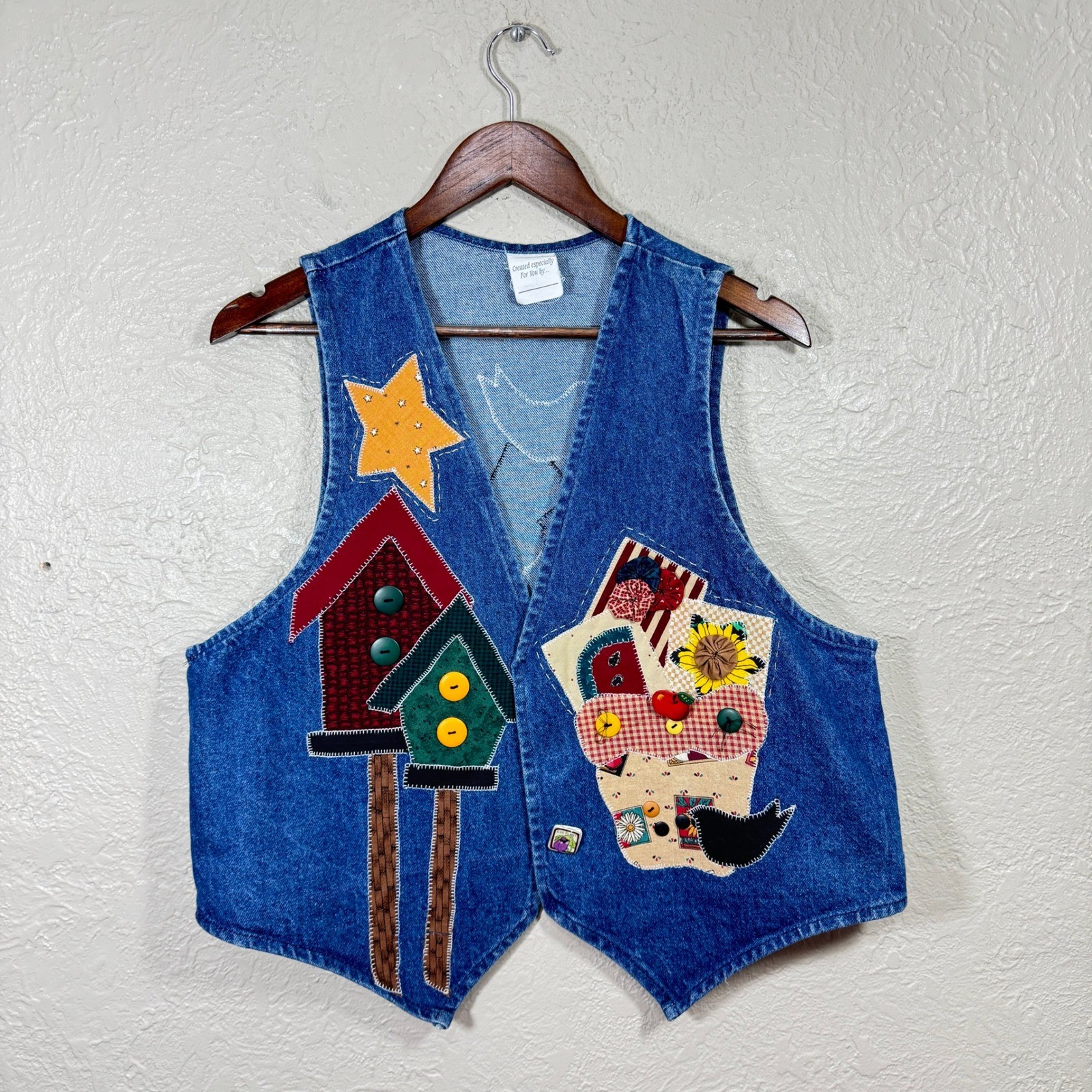Vtg 90s Patchwork Denim Vest OS Teacher Cottage Country Granny Novelty Open Art