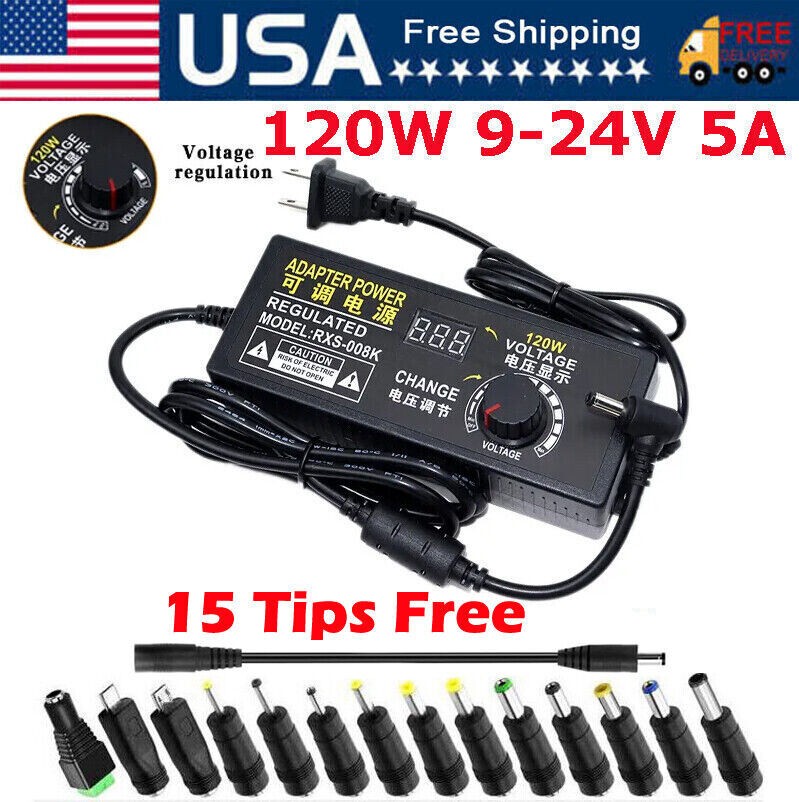 9V-24V 5A 120W Adjustable Voltage Power Supply Adapter Transformer with 15 Plugs