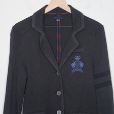 Tommy Hilfiger Womens Blazer Medium Black Cotton Crest Academia Preppy Y2K