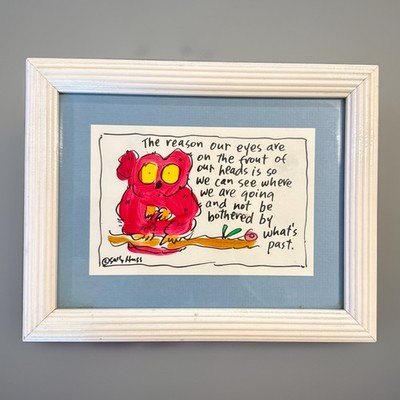 VTG Sally Huss Framed Print Signed Owl Inspirational Blue Mat 9x7 1990s