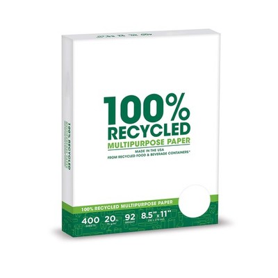 White 20 Lb Copy Paper, 400 Sheets, 8.5 X 11, Recycled,Made