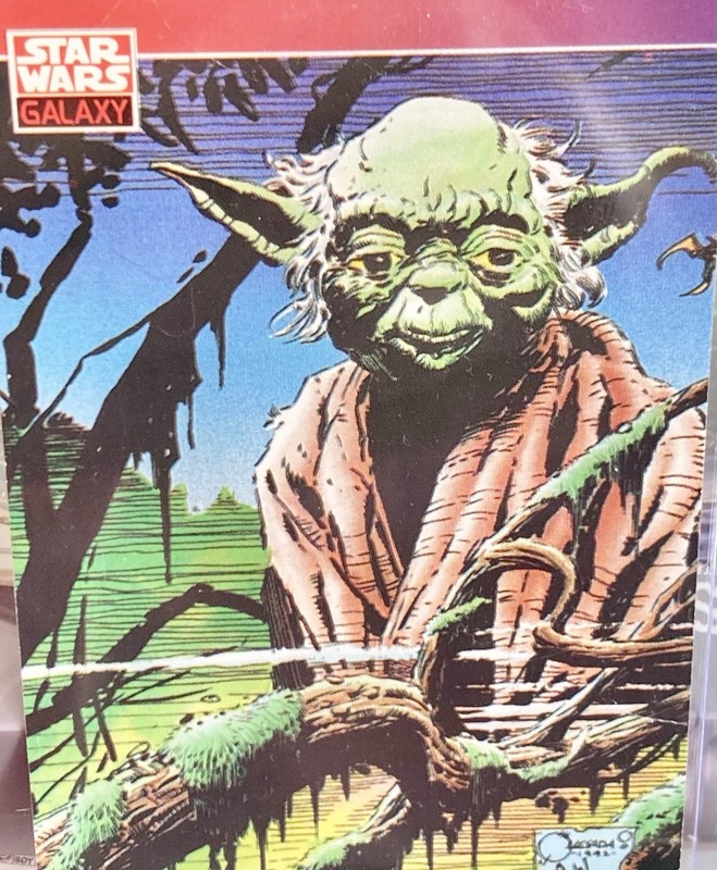 1993 Topps Star Wars Galaxy card #120 by artist Joe Quesada showing Jedi Yoda
