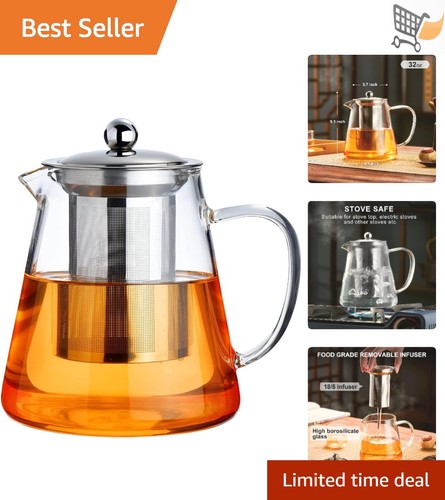 Glass Teapot Borosilicate 32 OZ Stovetop Safe with Infuser for Loose Leaf Tea