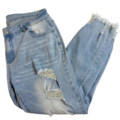Unbranded Light Wash Distressed Ripped Raw Hem Jeans XL High Rise Light Blue