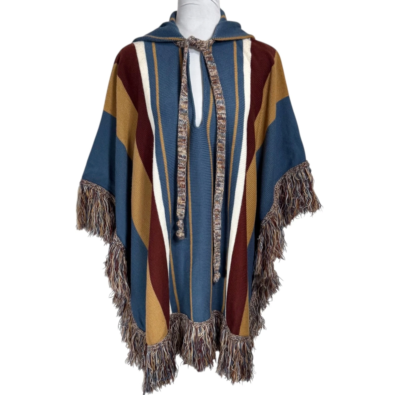 Vintage Southwestern Blanket Cape Poncho With Hood Fringe Striped Boho Sweater