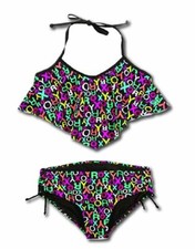 NEW GIRLS 14 ROXY 2 PIECE BIKINI SET HALTER FLUTTER SWIMSUIT SUIT POP LOGO BLACK