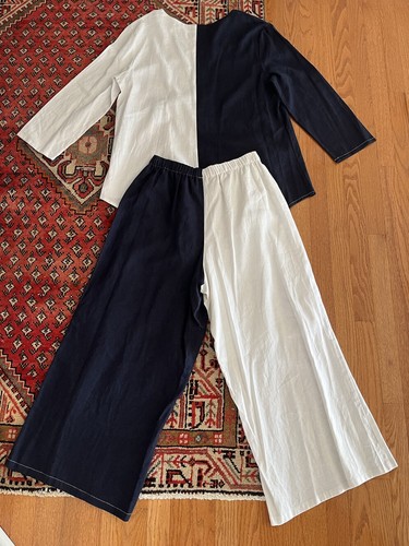 Set tuta pantaloni foderati in lino Lisa Rene XL colorblock colorblock fiocco nuovo con etichette comodo gamba larga - Foto 6 di 7