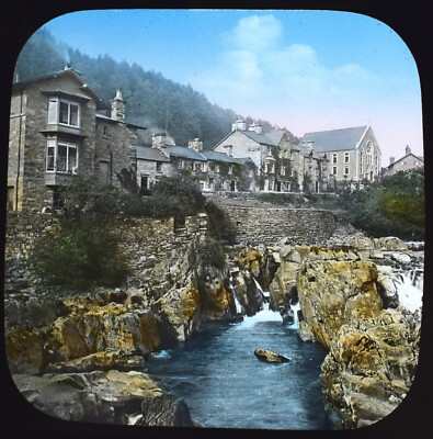BETTWS-Y-COED FROM THE BRIDGE NORTH WALES 1887 PHOTOGRAPH Magic Lantern Slide