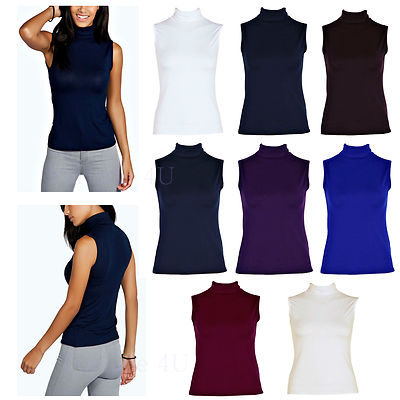 Womens Sleeveless Turtle Neck Top Ladies Roll Neck Polo Neck Jumper UK Size  8-26 | eBay