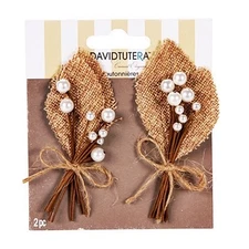 DAVID TUTERA RUSTIC BURLAP LEAF & PEARL 2 PC BOUTONNIERE forGROOM & BEST MAN NEW