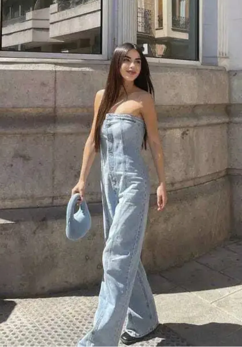 ZARA NEW WOMAN OFF SHOULDER TRF STRAPLESS DENIM JUMPSUIT BLUE Size