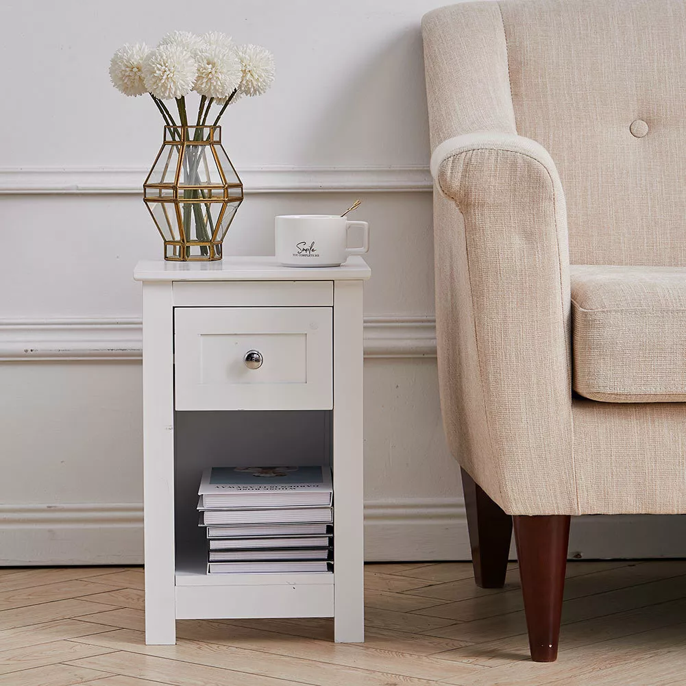 Small Side Table Narrow Wooden End Lamp Stand Bedside Cabinet w Drawer Shelf