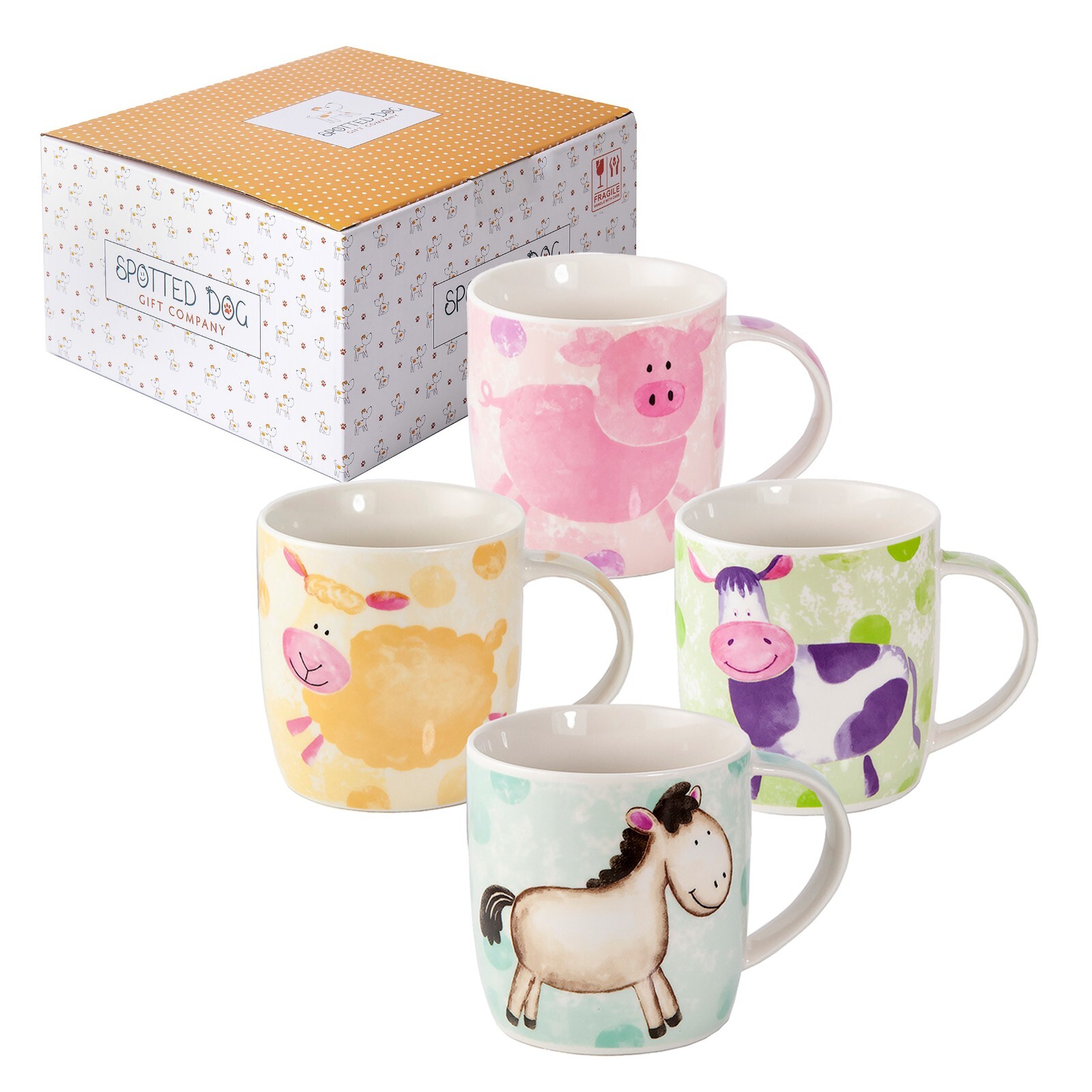 Mugs Sets 4 Coffee Tea Cups China Animal Themed Cow Sheep Pig Horse Boxed Gift
