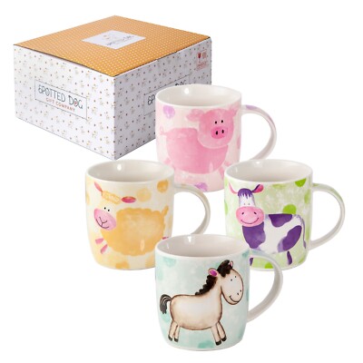 SPOTTED DOG GIFT COMPANY Becher Set 4 Keramik Kaffee Tee Becher Tassen süß Bauernhof Tier