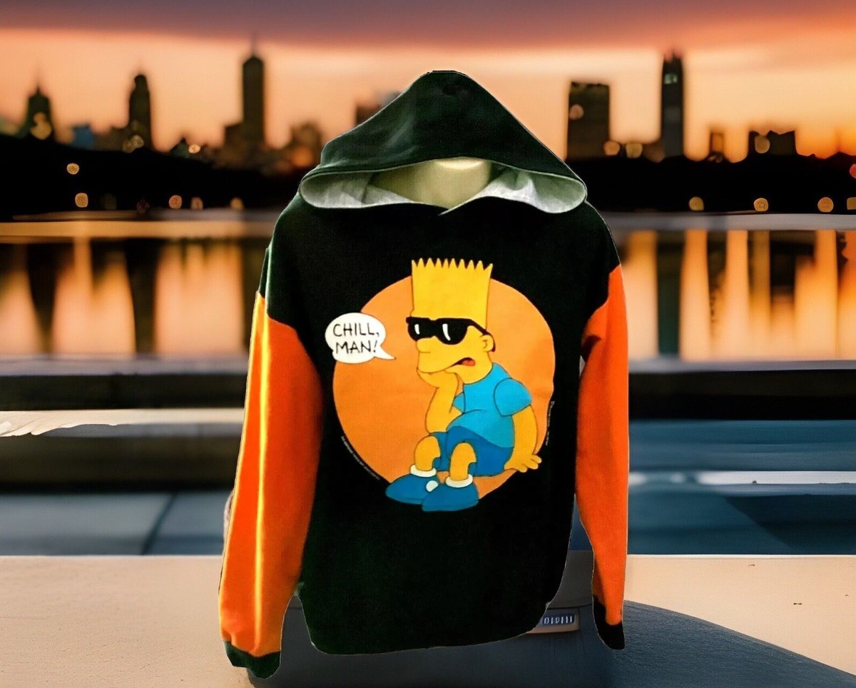 Vintage 90s Bart Simpson Chill Man Hoodie Jumper Size L Orange 