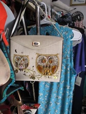 Vintage Enid Collins Style Sequined Jeweled Owl Tote Handbag Purse Wood MOD