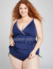 LANE BRYANT CACIQUE SWIM NAVY TIERED RELAXED NO WIRE BRA TANKINI TOP SZ 28