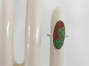 Vtg Southwest Sterling Silver Crushed Turquoise & Coral Inlay Ring Sz 4