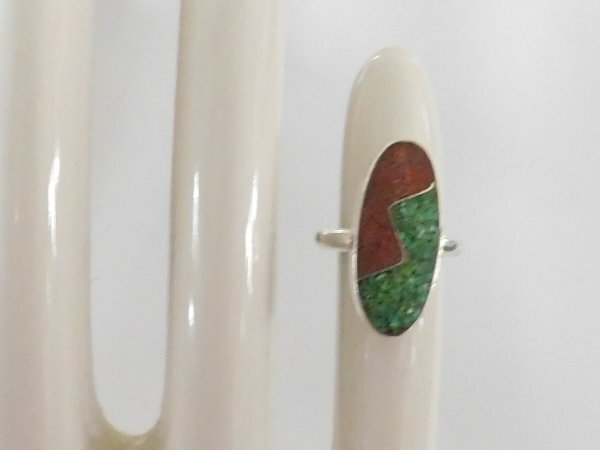 Vtg Southwest Sterling Silver Crushed Turquoise & Coral Inlay Ring Sz 4