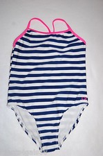 Girls Swimsuit ONE PIECE Hot Pink Trim NAVY BLUE WHITE STRIPES Size XS 4-5