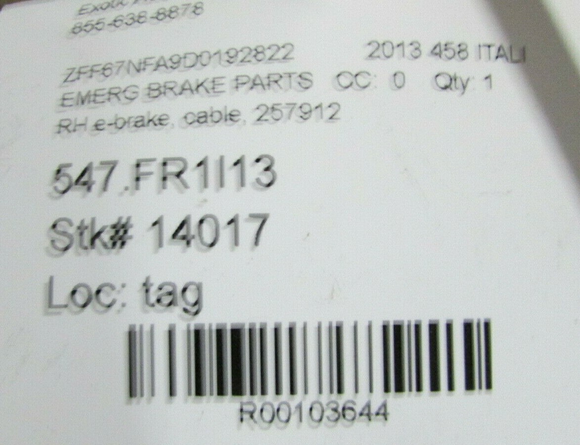 Ferrari 458 Italia, RH, Right E-Brake Cable, Used, P/N 257912