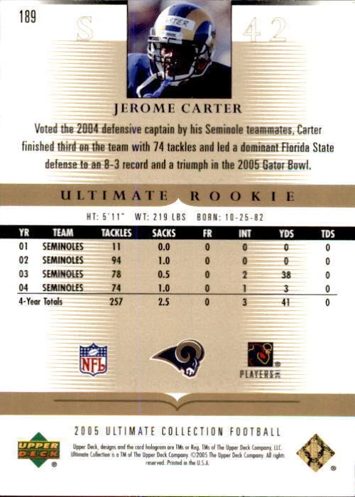 2005 Ultimate Collection #189 Jerome Carter RC #082/235 (ref 16713) - Image 2 of 2