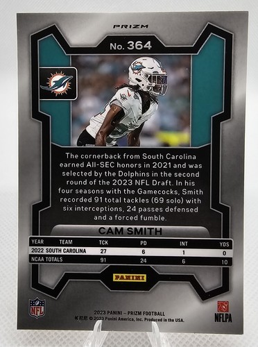 2023 Cam Smith Panini Prizm Lazer Parallel Rookie #364 Dolphins - Picture 2 of 2