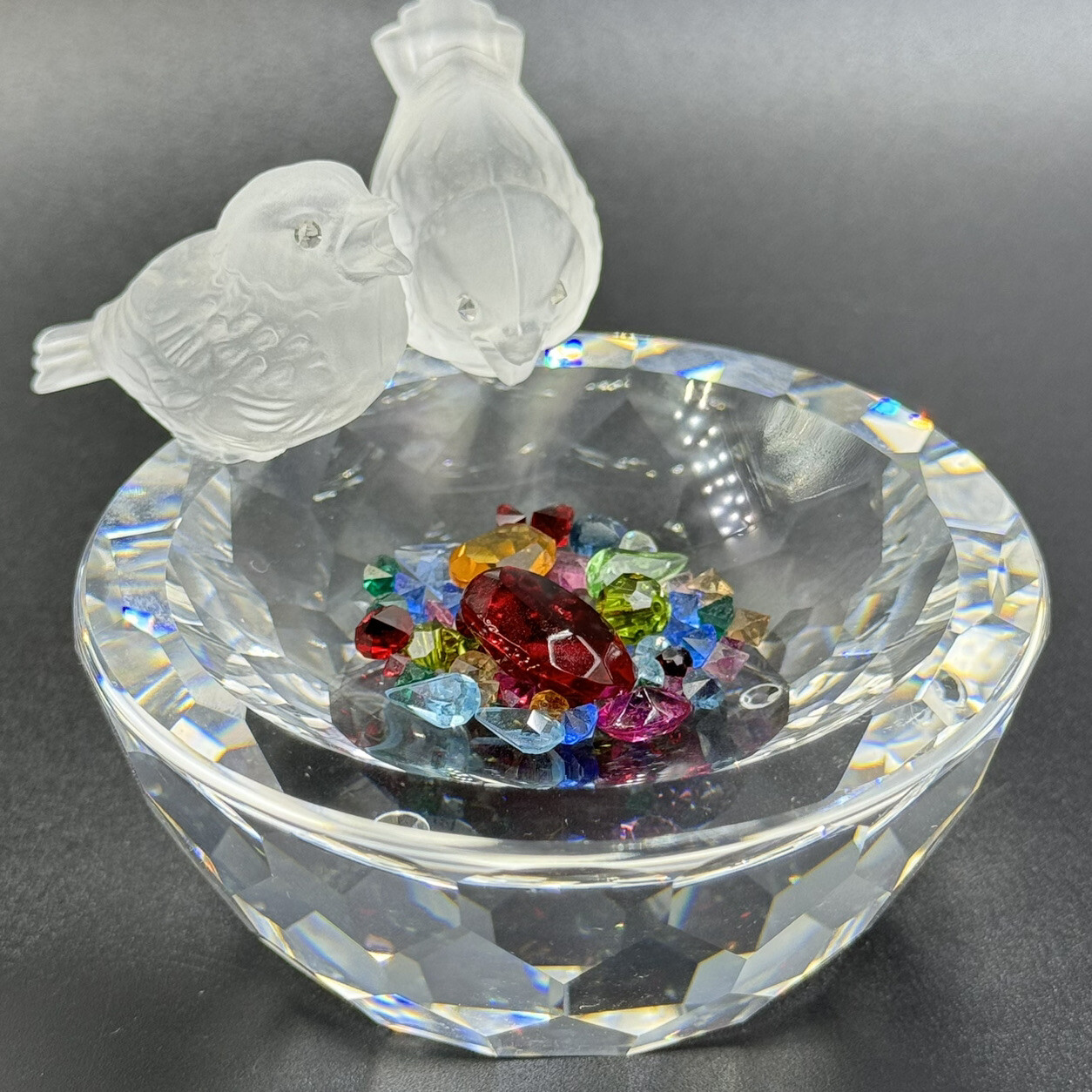 Swarovski Crystal Bird Bath 2 Frosted Birds with Multi-Shaped Color Crystals