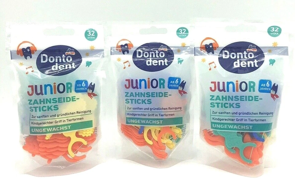 ✅Dontodent Junior Kinder Zahnseide-Sticks 3x 32 Stück Zahnpflege Zähne ✅