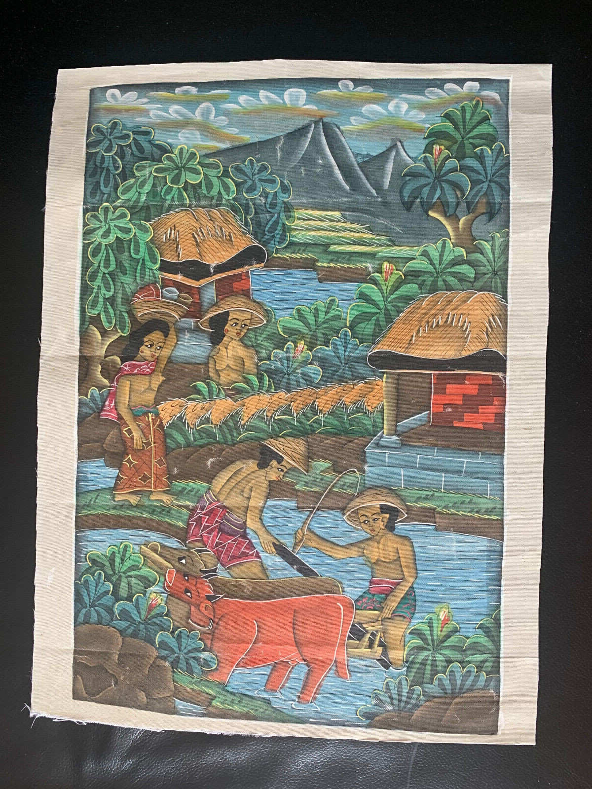 Textilbild Bali Reisbauern bei der Ernte