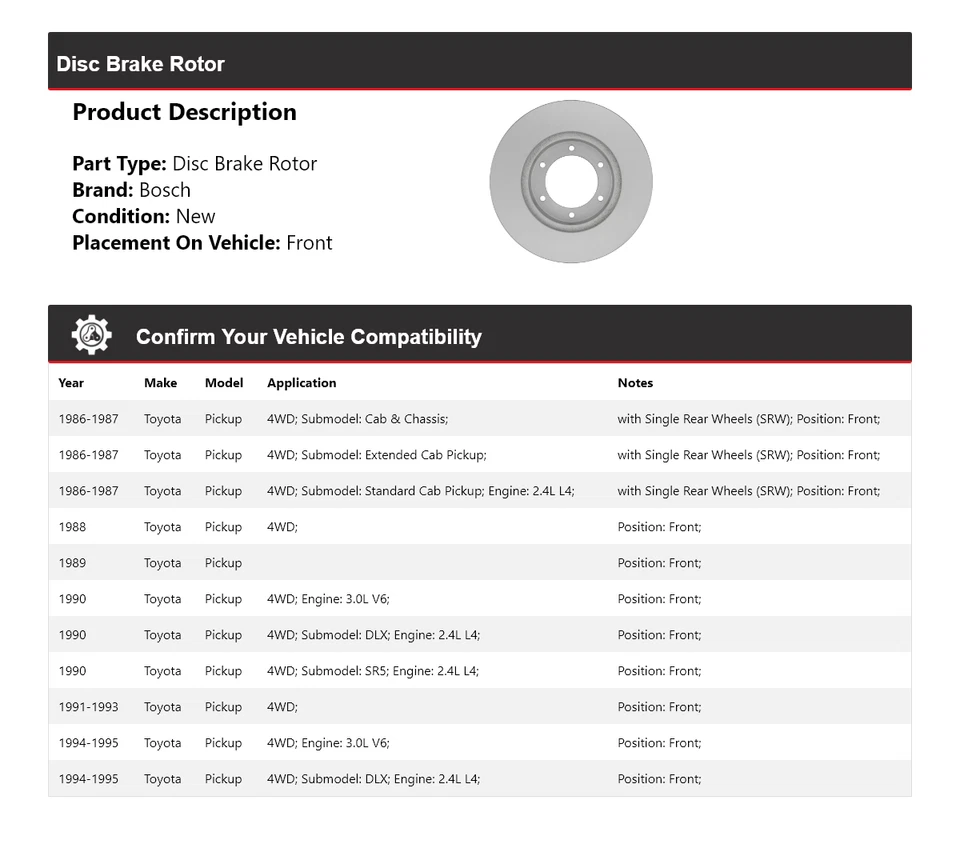 Rotor de freno de disco delantero para camioneta Toyota 1986-1995 Bosch QuietCast 1987 1988 Foto 2 de 4