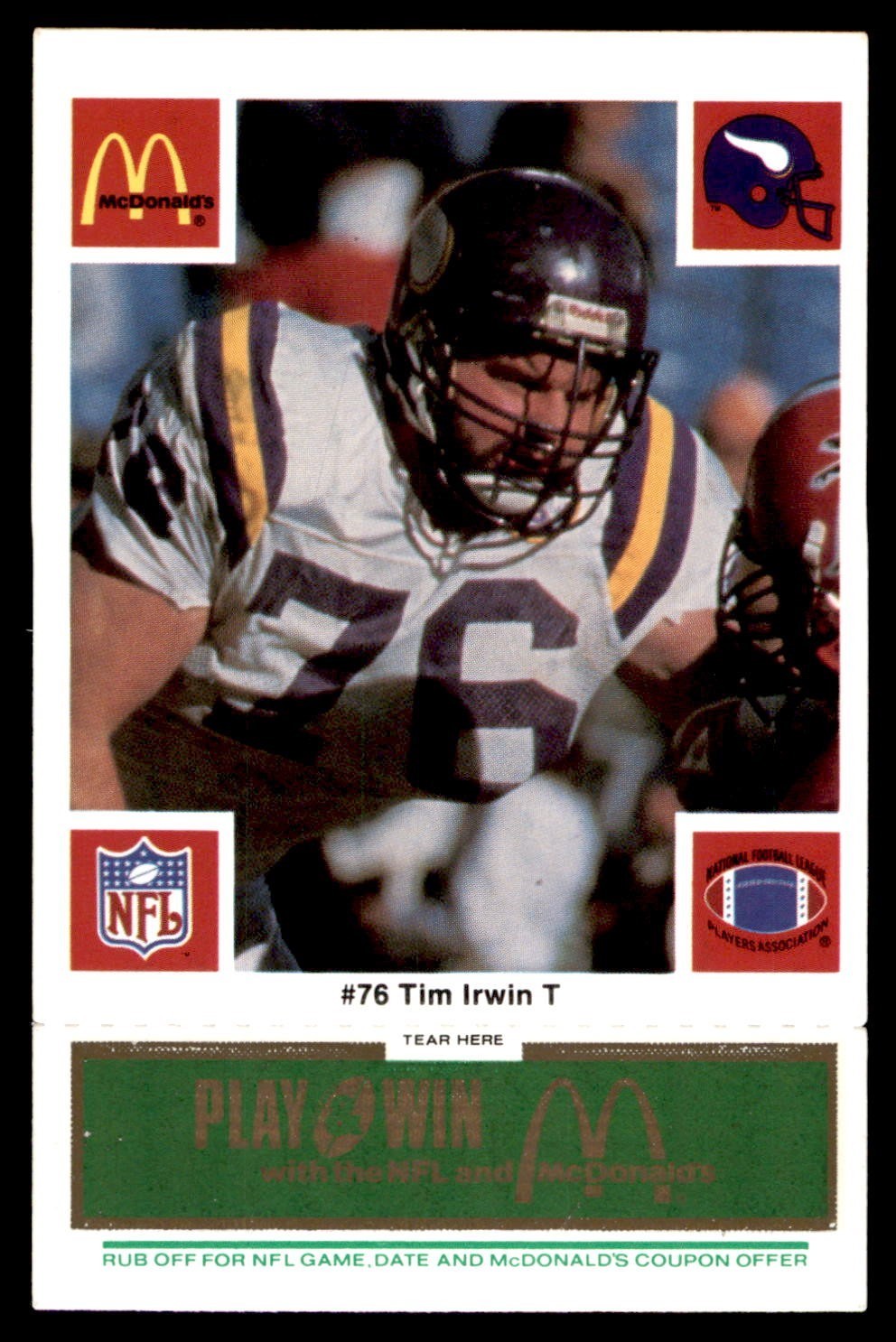 1986 McDonald's Football Green #408 Vikings Tim Irwin #76 NM/MT *g1