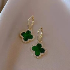 4-Leaf Clover Dangle Huggie Earrings  Gold Plated (green malachite)