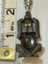 Vtg Gold Crown Pewter Dog/Puppy Necklace. Rhinestone Eyes Cabochon Body